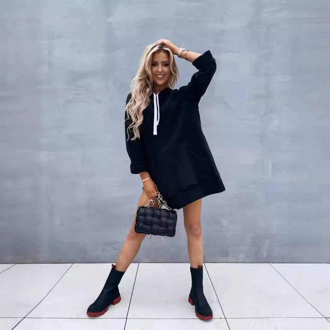 Solid Color Hooded Split Hem Midi Sweatshirt