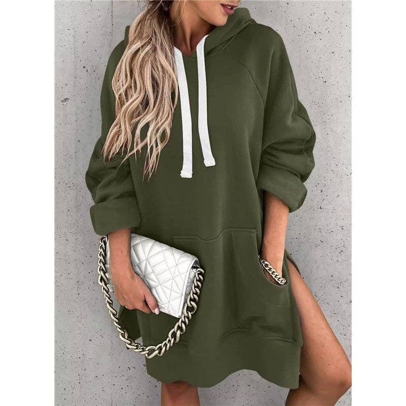 Solid Color Hooded Split Hem Midi Sweatshirt