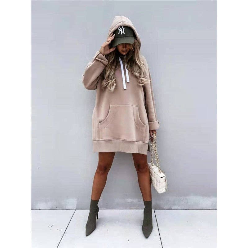 Solid Color Hooded Split Hem Midi Sweatshirt