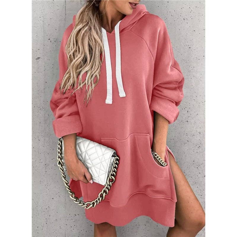 Solid Color Hooded Split Hem Midi Sweatshirt