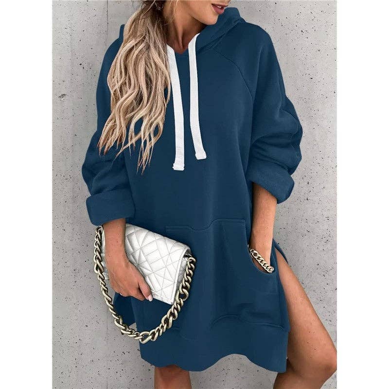 Solid Color Hooded Split Hem Midi Sweatshirt