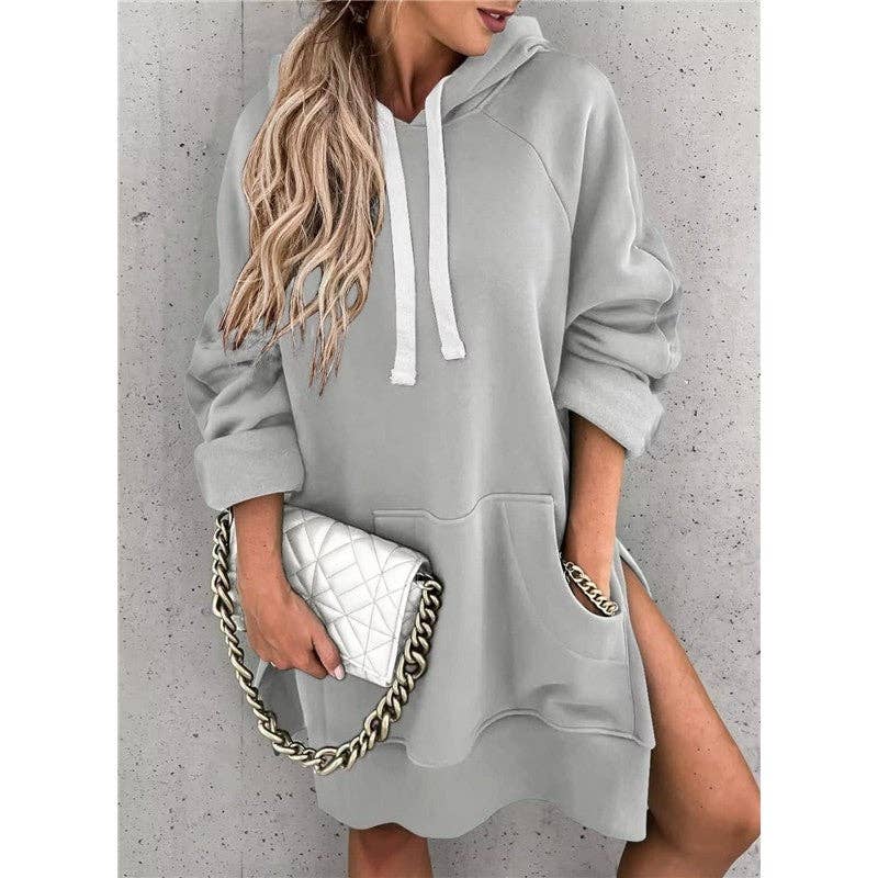 Solid Color Hooded Split Hem Midi Sweatshirt