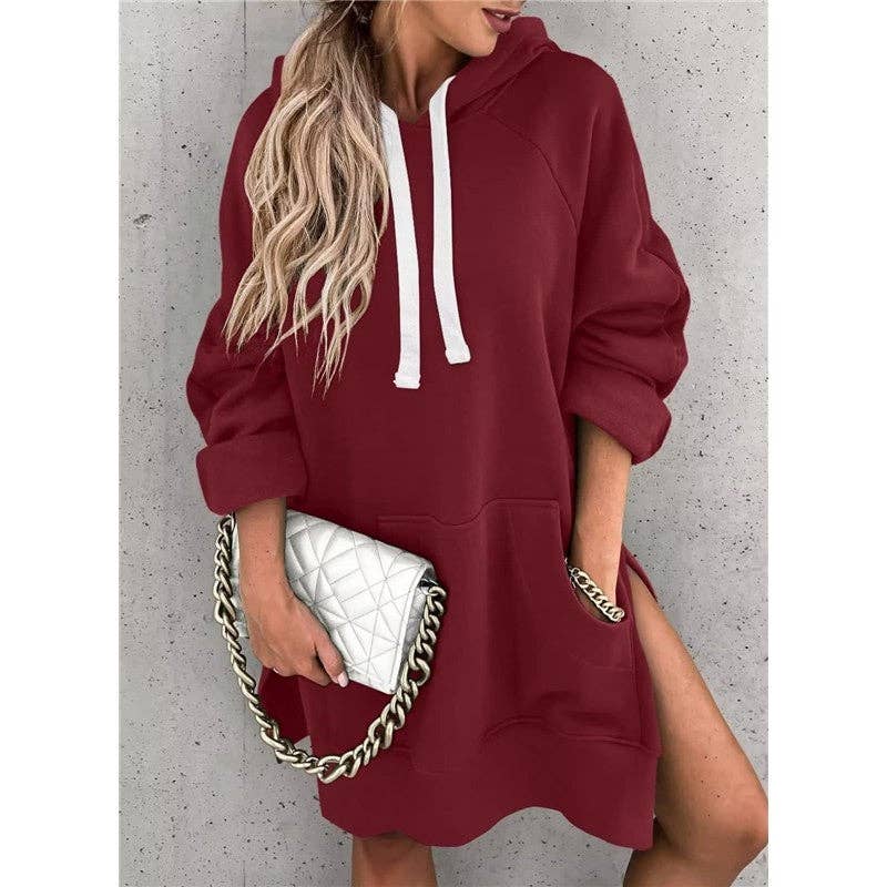 Solid Color Hooded Split Hem Midi Sweatshirt