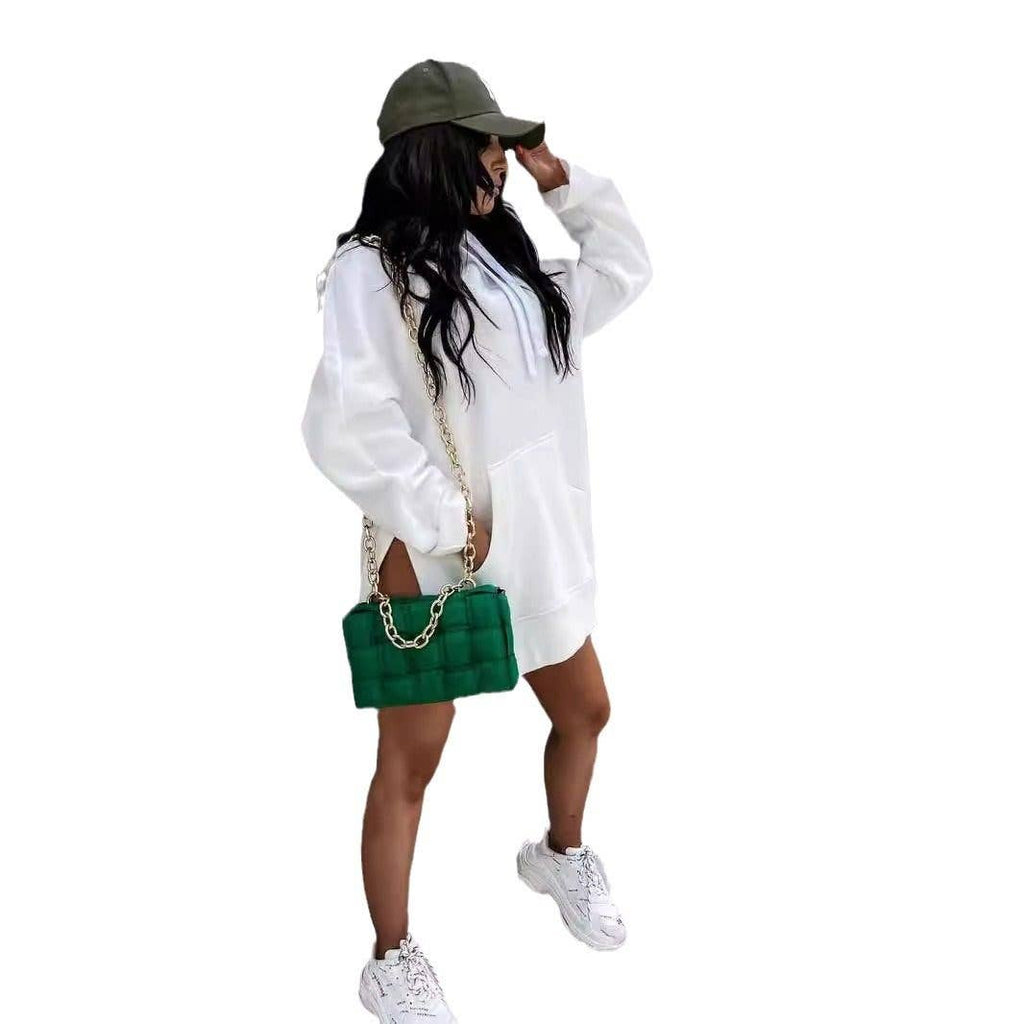 Solid Color Hooded Split Hem Midi Sweatshirt