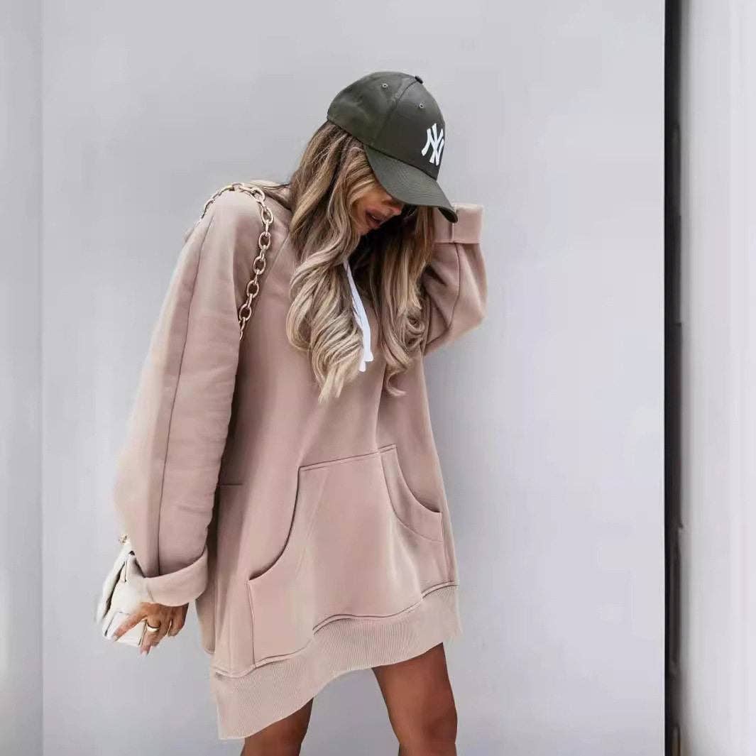 Solid Color Hooded Split Hem Midi Sweatshirt