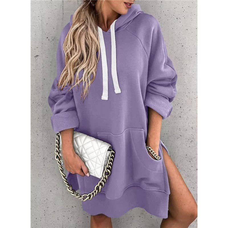 Solid Color Hooded Split Hem Midi Sweatshirt